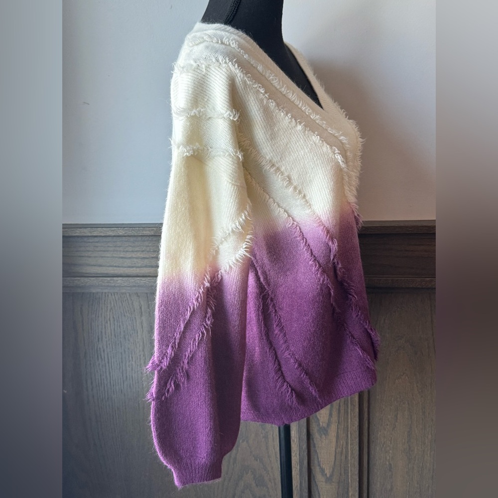 Sweet Lovely by Jen  Purple and Cream V-Neck boho fringe Sweater S/M - Picture 4 of 8